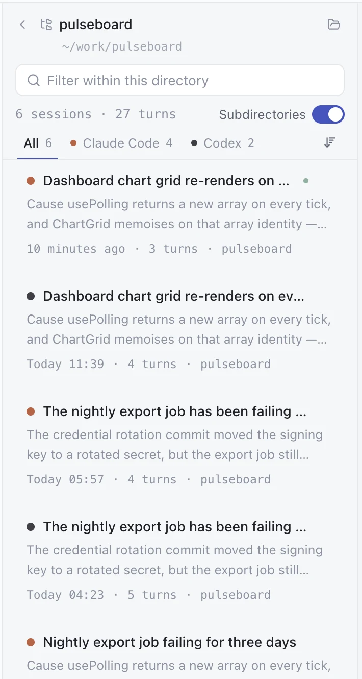 The directory pane for a project called pulseboard: 6 sessions, 27 turns, and tabs for All, Claude Code and Codex