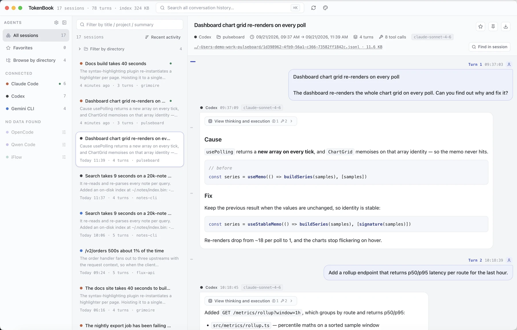 TokenBook showing 17 indexed sessions across three agents, with a Codex session open in the transcript pane